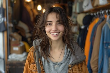 Fototapeta na wymiar A fashionable woman confidently showcases her style, sporting a beaming smile and trendy jacket as she stands inside a store filled with clothing and fashion accessories