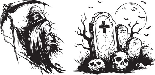 grim reaper and gravestone, vector black and white - obrazy, fototapety, plakaty