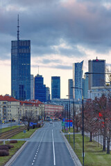 City center district along Niepodleglosci avenue with Varso Tower and downtown skyscrapers,...
