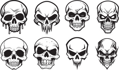 collection of human skulls, black and white vectors laser cutting engraving
