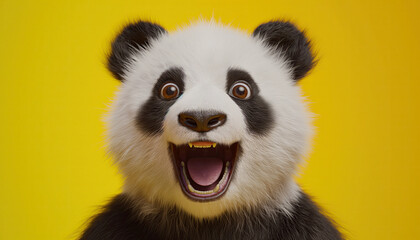 Obraz premium close up of a panda bear on a yellow background with it's mouth open