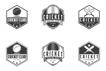 Cricket Logo Badge emblem, cricket team sport design, sticks and cricket ball vector monochrome style