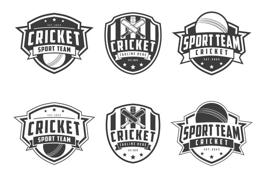 Cricket Logo Badge emblem, cricket team sport design, sticks and cricket ball vector monochrome style