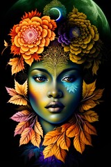 Woman with flowers around her head in the style of afrofuturism. Highly detailed foliage and colorful design evoking the ethnic culture of America and Asia.
