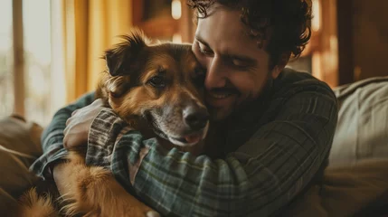 Poster Man hugs a dog at home. A cozy home photo with dog owner. © Ekaterina Chemakina