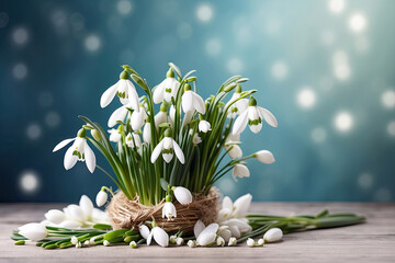 A bouquet of white snowdrops on the table on a blue background with festive bokeh lights and copy space. A festive birthday card, March 8th, a spring gift. 