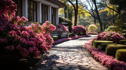 A picturesque garden pathway, lined with blossoming flowers and manicured hedges, the design and car