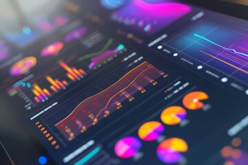 High-resolution close-up of a colorful data analytics dashboard with various graphs and metrics.
