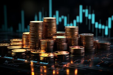 Stacks of coins on background of financial data growth graphs.