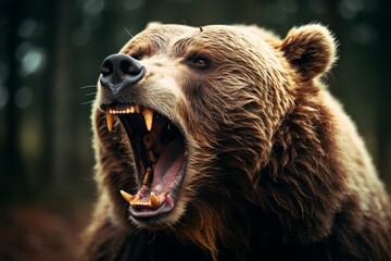 Fototapeta premium Majestic brown bear roaring in a lush forest, showcasing its teeth and power.