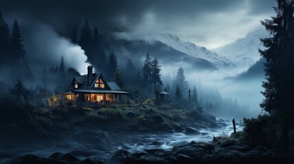 A lone cabin nestled in a snowy mountain forest, smoke rising from the chimney, peaceful and isolate