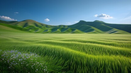 Green rolling hills of wheat field with blue sky and white clouds