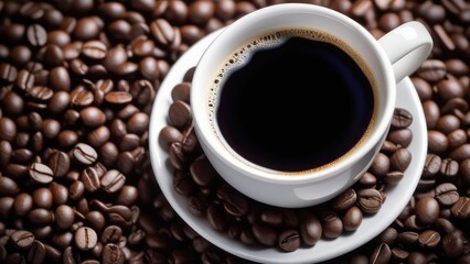 Fototapeta premium A cup of aromatic coffee in a white mug, scattered coffee beans around