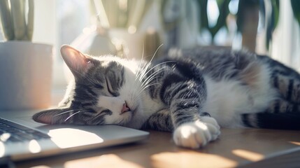a cute grey white  cat lying on a laptop sleeping - obrazy, fototapety, plakaty
