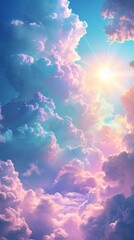 A beautiful sky with a bright shining sun and fluffy clouds - obrazy, fototapety, plakaty