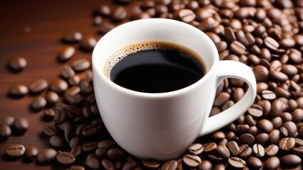 A cup of aromatic coffee in a white mug, scattered coffee beans around