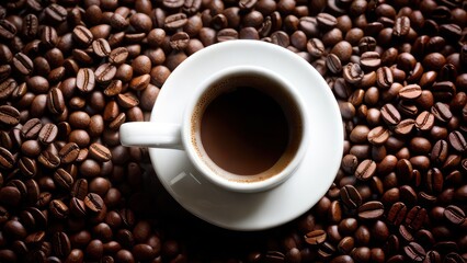 Fototapeta premium A cup of aromatic coffee in a white mug, scattered coffee beans around
