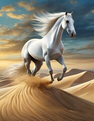 Riding the sand dunes. A white Arabian stallion raised on the back legs and going at full speed