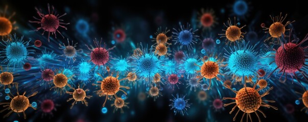 Obraz na płótnie Canvas Corona virus theme, microscopic view of floating virus cells. Covid banner, wallpaper