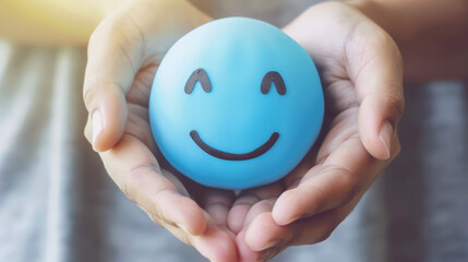 Hands holding blue happy smile face. mental health positive thinking and growth mindset, mental health care recovery to happiness emotion
