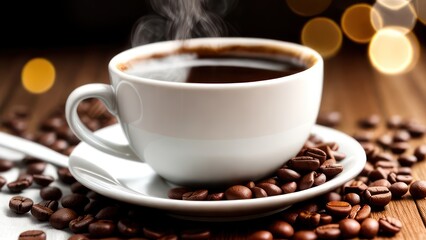 A cup of aromatic coffee in a white mug, scattered coffee beans around