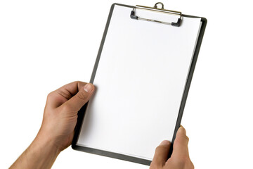 Hand with clipboard with empty white paper