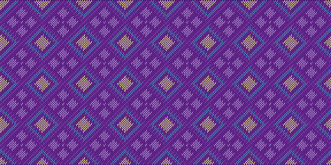 Sweater knitting pattern, Vector ethnic embroidery jacquard background, Knitted concept zigzag style, Purple pattern square vintage, Design for textile, fabric, backdrop, digital print, wall art
