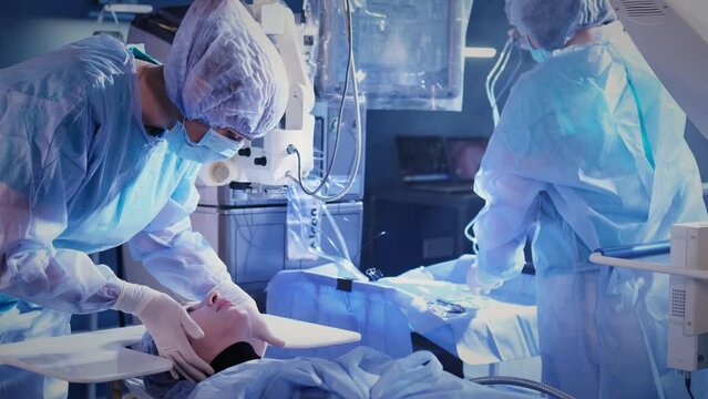 Before the operation in the ophthalmology clinic, the patient is prepared in the surgical room for vision correction and treatment of ophthalmological diseases.