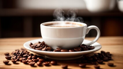 A cup of aromatic coffee in a white mug, scattered coffee beans around