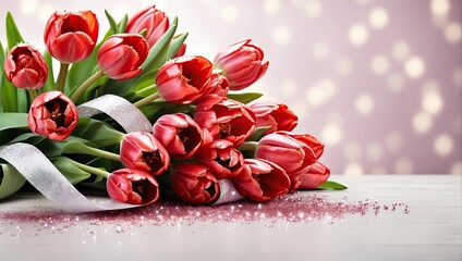 A bouquet of red tulips on the table on a solid background with festive bokeh lights and copy space. A festive birthday card, March 8th, a spring gift. 