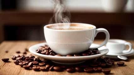 Crédence de cuisine en verre imprimé Café A cup of aromatic coffee in a white mug, scattered coffee beans around