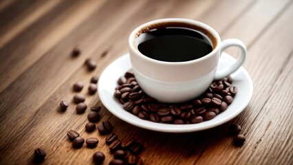 Obraz premium A cup of aromatic coffee in a white mug, scattered coffee beans around