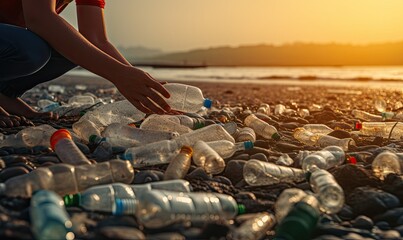 Close up of Collecting waste with hand from plastic bottles on the beach. Plastic pollution. - obrazy, fototapety, plakaty