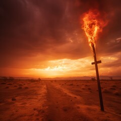 A cross burns in the middle of a desert as the sun sets in the background