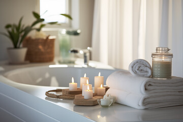 Spa salon accessories. Rest and relaxation. Skin care product package design. Bathroom with candles, towels, spa products.
