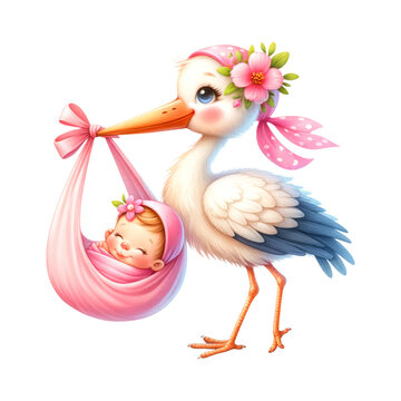 Stork delivering new born baby. watercolor design