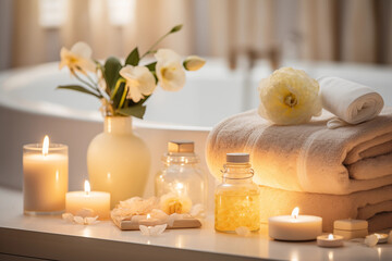 Fototapeta na wymiar Spa salon accessories. Rest and relaxation. Skin care product package design. Bathroom with candles, towels, spa products.