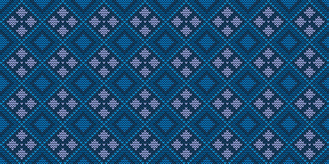 Crochet pattern, Vector cross stitch zigzag background, Knitted ethnic repeat Navajo style, Blue pattern oriental illustration, Design for textile, fabric, carpet, tile, mugs