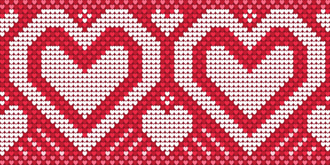 Heart pattern background, Vector embroidery yarn background, Love handcraft triangle style, White and red pattern love knit thread, Design for textile, fabric, batik, wrapping, wall art