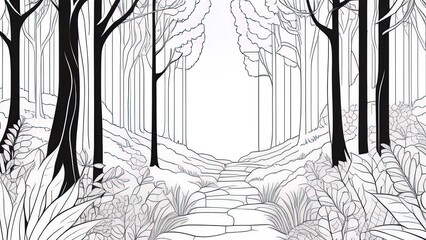 Nature, magical forest. Scenery. Coloring book antistress for children and adults. Illustration isolated on white background.Zen-tangle style. Hand drawing