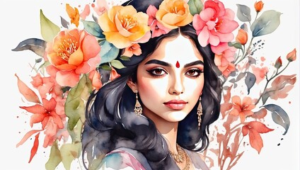 The watercolor silhouette of Indian woman with delicate spring flowers in her hair is spring and summer portrait. Freedom, femininity, wedding, makeup, stylist, Barber, bride.