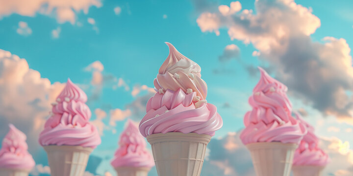 comercial photo about colorful unicorn icecream and pink and baby blue clouds around it