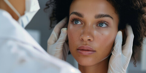 plastic surgeon examines black woman patient's face