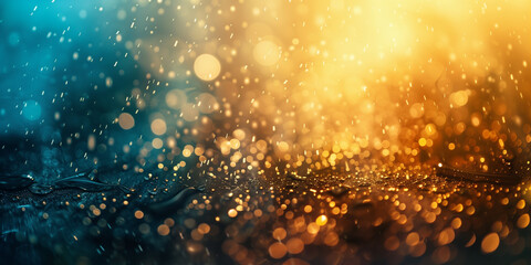 Nonfigurative macro style background with waterdrops and gold and blue lights