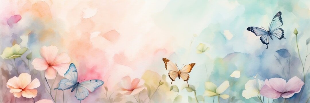 Pastel color butterflies on delicate spring flowers in a field with a space for text. Spring time. 