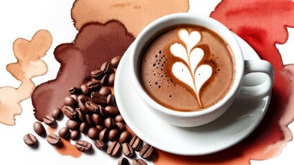 A cup of aromatic coffee in a white mug, scattered coffee beans around