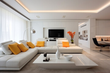 Naklejka na ściany i meble A modern living area with a minimalist approach, showcasing a predominantly white color scheme with tasteful splashes of vibrant colors in the decor