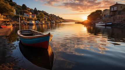 A quaint traditional fishing village at sunrise, small wooden boats moored in the harbor, colorful h - obrazy, fototapety, plakaty