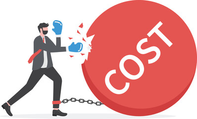 Cost reduction, business and company to keep cost low, cut spending or expense deduction in budget plan concept, businessman CFO reduce cost by hammer T alphabet nail on the word COST.

