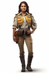 A female park ranger with brown hair and brown eyes is standing with her hands on her hips. She is wearing a khaki shirt, brown pants, and a yellow vest with a badge on it.